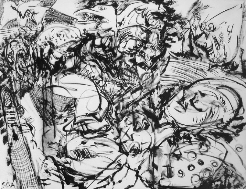 APOKALYPSE, Tusche auf Synthetik, 200 x 150 cm